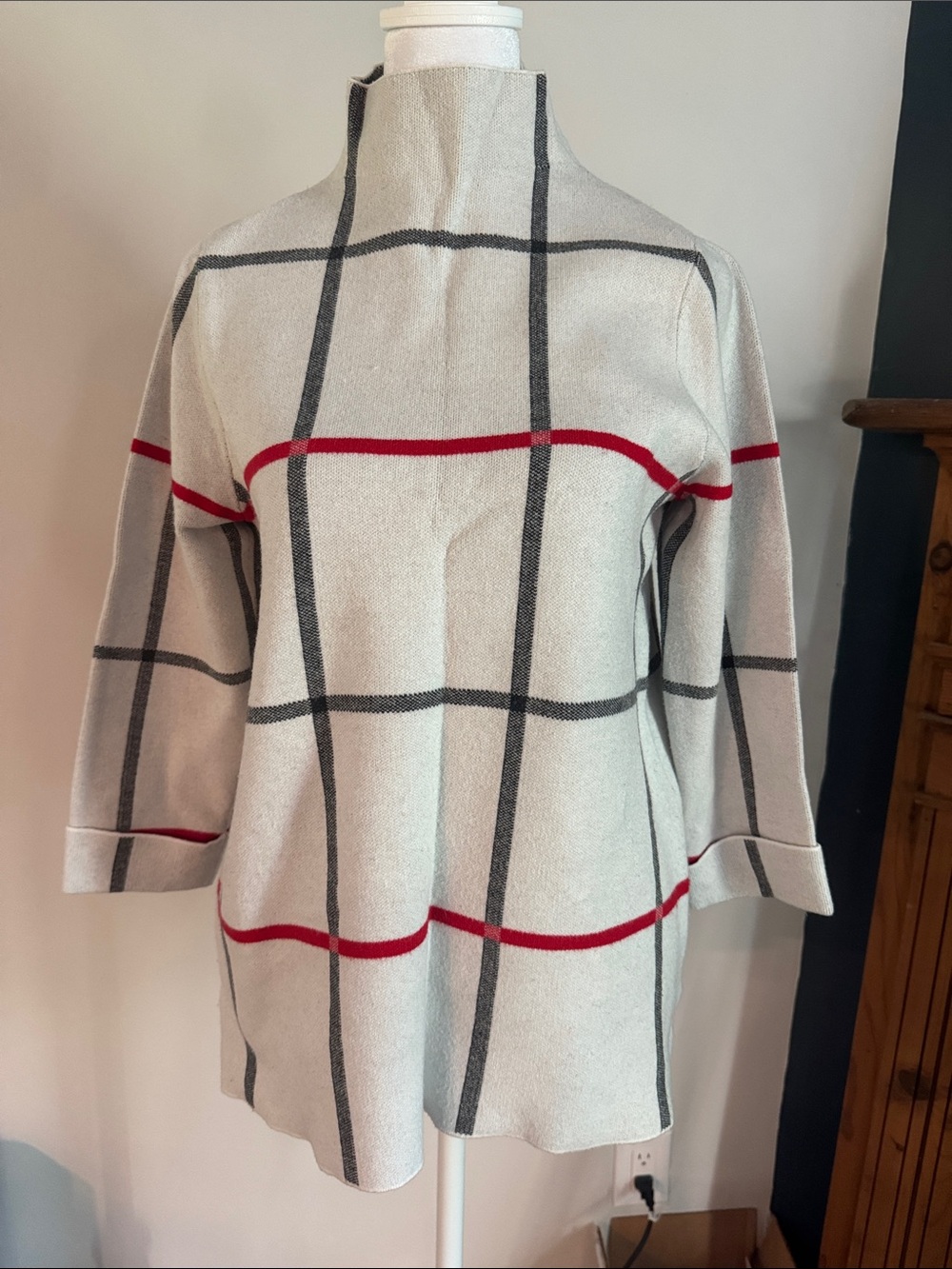 Tahari Cream Windowpane Turtleneck Sweater with Red Stripes
